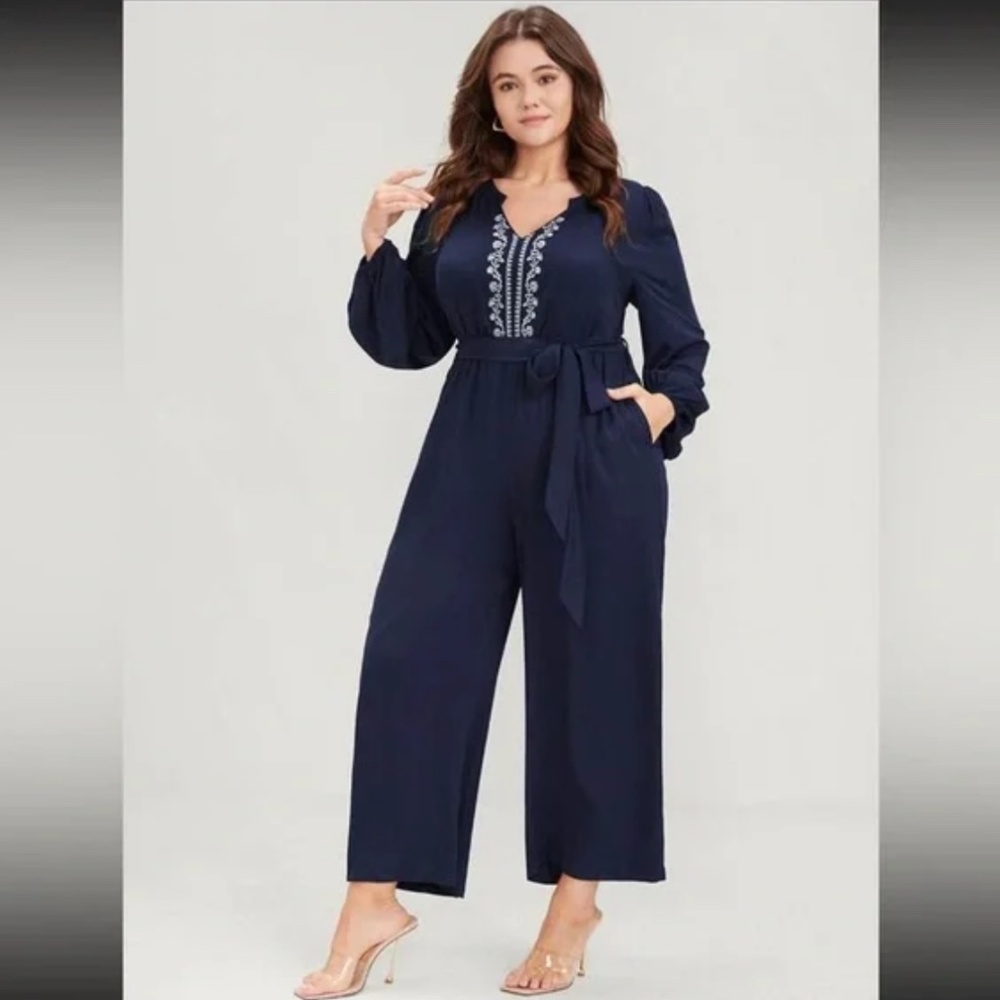 Bloomchic | Large Solid Pocket Lantern Sleeve Embroidered Belted Jumpsuit